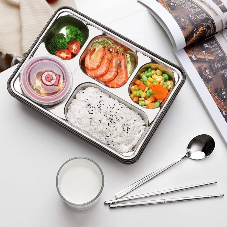 Khay Đựng Cơm 5 Ngăn -Hộp Cơm Đựng Thức Ăn Văn Phòng INOX Cao Cấp Hộp Có Để Canh Kèm Đũa Thìa Inox Giadungdep