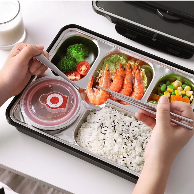 Khay Đựng Cơm 5 Ngăn -Hộp Cơm Đựng Thức Ăn Văn Phòng INOX Cao Cấp Hộp Có Để Canh Kèm Đũa Thìa Inox Giadungdep