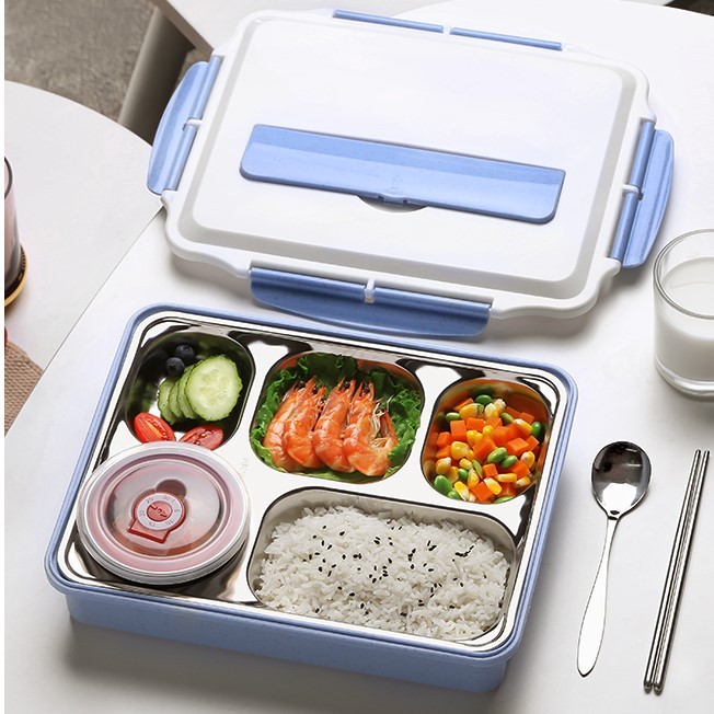 Khay Đựng Cơm 5 Ngăn -Hộp Cơm Đựng Thức Ăn Văn Phòng INOX Cao Cấp Hộp Có Để Canh Kèm Đũa Thìa Inox Giadungdep