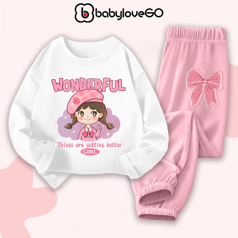 Bộ thu đông bé gái BabyloveGO 2024 đồ bộ cho bé chất thun cotton mềm mịn in hình dê thương BDBG10