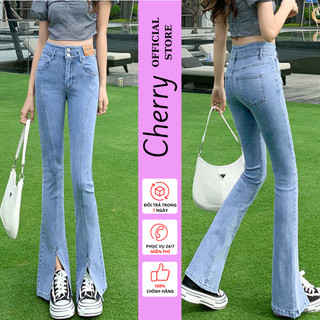 Quần jean ống loe xẻ gấu trước cạp cao 2 cúc CHERRY quần bò ống loe chất co giãn xịn dễ phối đồ T068