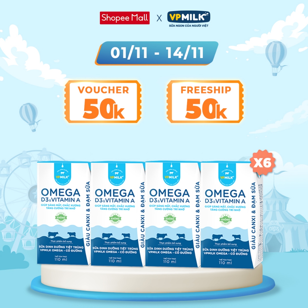 [Combo 6 lốc] Sữa Dinh Dưỡng Tiệt Trùng VPMilk Omega Có Đường dạng hộp cho bé 110ml (4 hộp x 6)