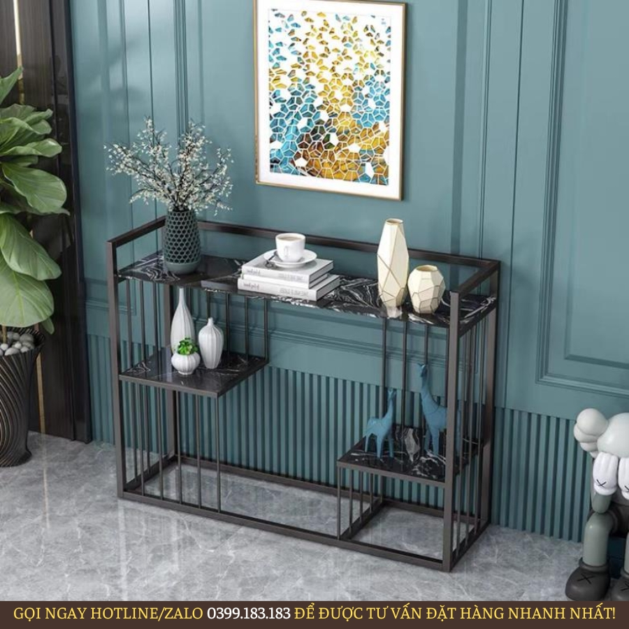 Kệ đứng console mặt đá vân cao cấp, kèm 2 tầng đá, khung chân kim loại sơn tĩnh điện sang trọng CS#4
