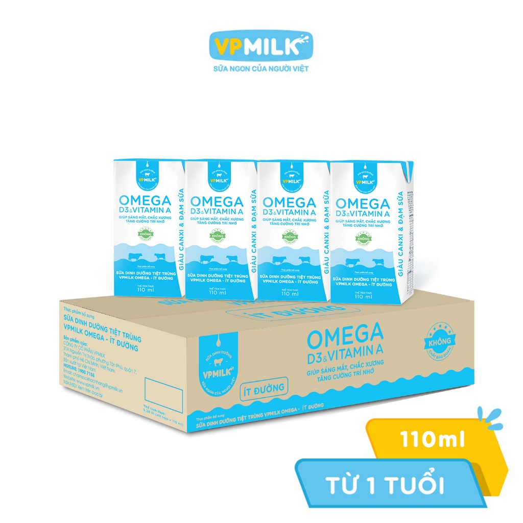 Sữa Dinh Dưỡng Tiệt Trùng VPMilk Omega Ít Đường dạng hộp 110ml (thùng 48 hộp)