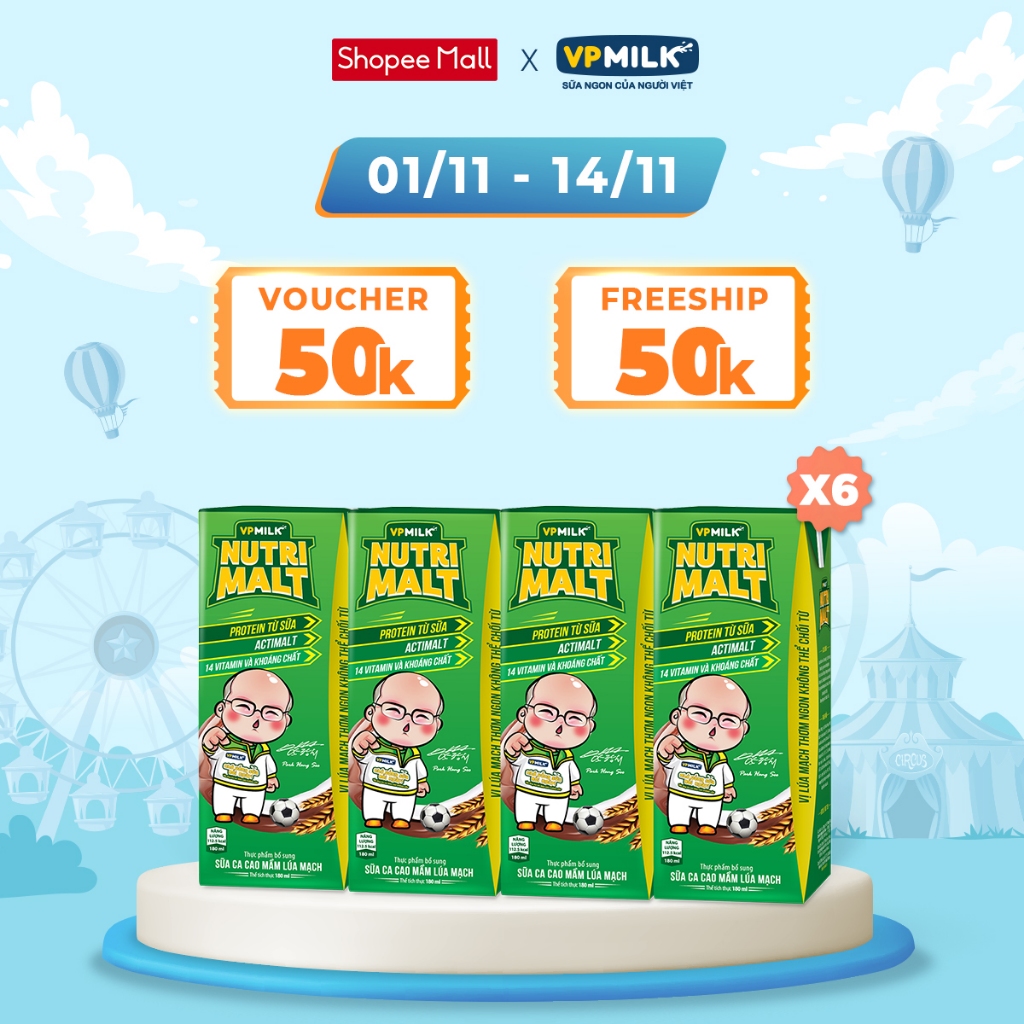 [Combo 6 lốc] Sữa Ca Cao Mầm Lúa Mạch Đen Nutrimalt 180ml Cho Bé Từ 1 Tuổi (4 hộp x 6)