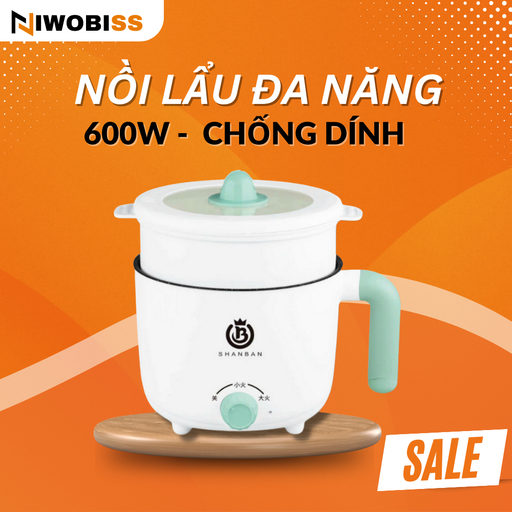 Nồi Lẩu Điện Mini Shanban 2 NẤC NHỆT Tay Cầm Tiện Dụng, Ca Nấu Mì 2 Tầng Kèm Giá Hấp Đa Năng Chiên Chống Dính Vân Đá