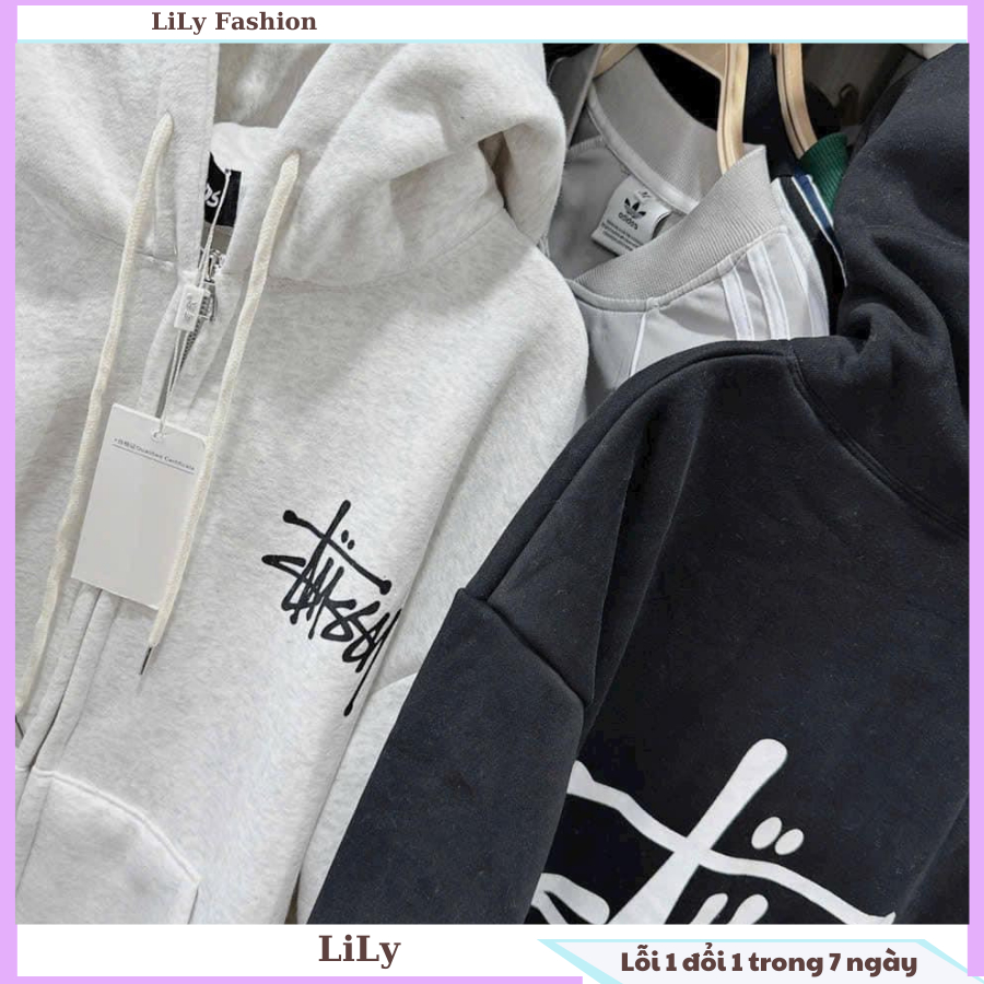 Áo khoác nỉ họa tiết chữ trước sau basic, áo hoodie zip có khóa kéo kèm dây rút mũ form rộng Unisex thời trang tuổi teen