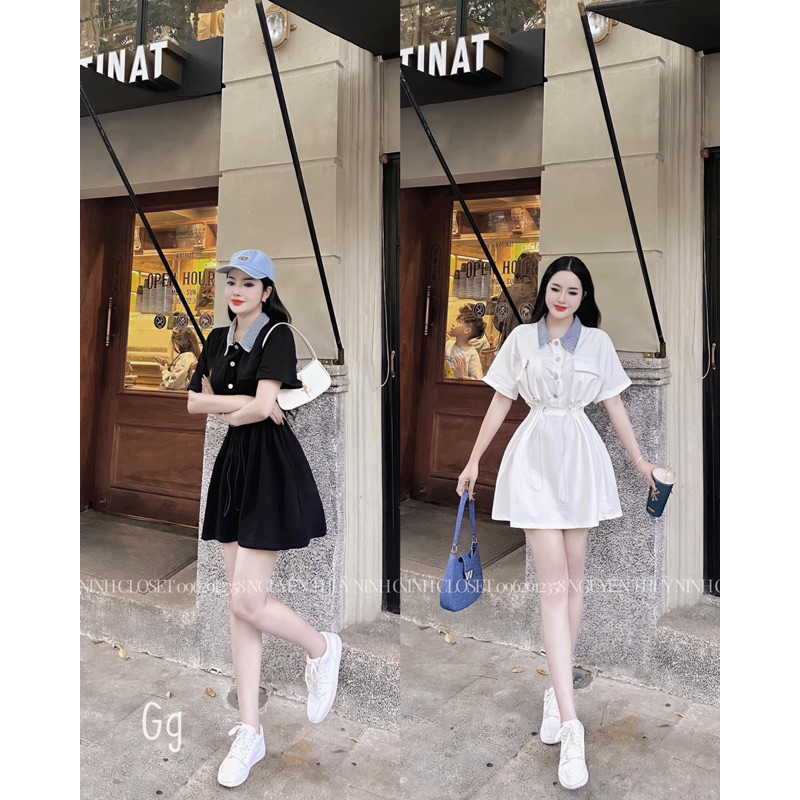 ĐẦM KAKI PHỐI CỔ JEAN GÀI NÚT TAY NGẮN RÚT EO BASIC