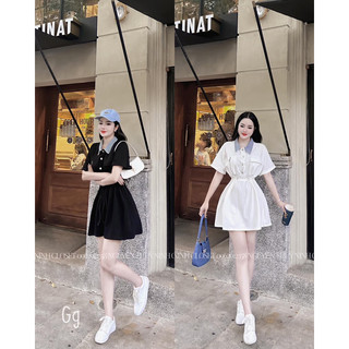 ĐẦM KAKI PHỐI CỔ JEAN GÀI NÚT TAY NGẮN RÚT EO BASIC