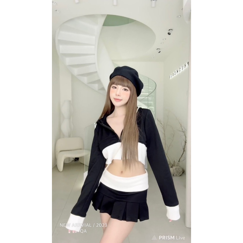 Set len 3 món áo croptop và chân váy xòe MPB màu đen