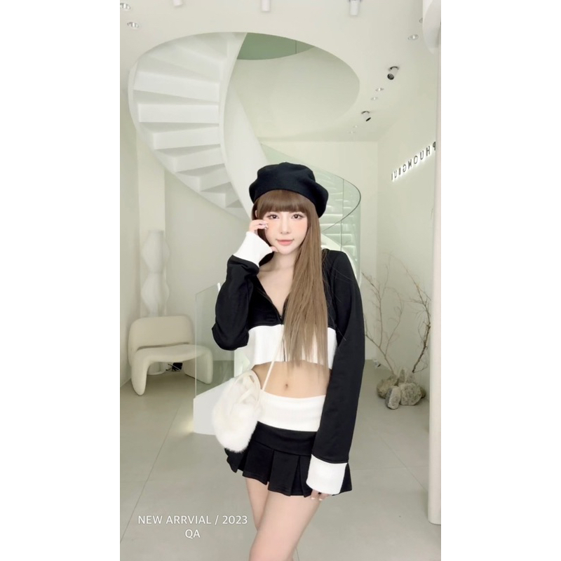 Set len 3 món áo croptop và chân váy xòe MPB màu đen