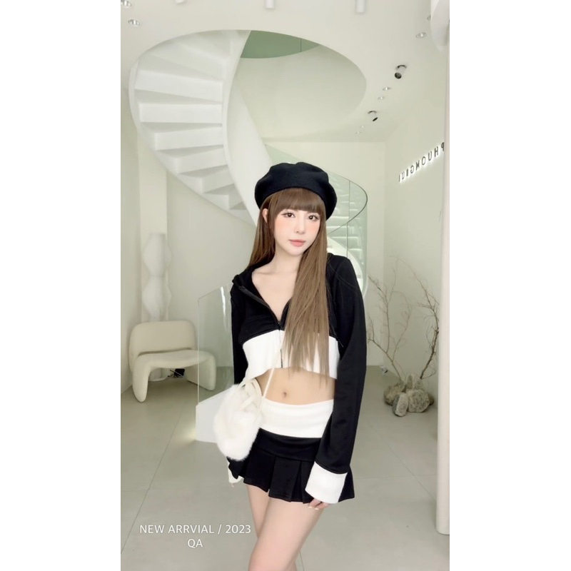 Set len 3 món áo croptop và chân váy xòe MPB màu đen