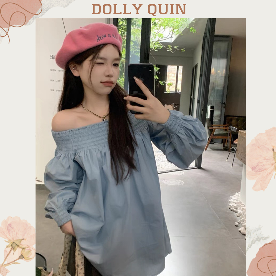 Váy babydoll trễ vai dài tay chun vai đầm tiểu thư trễ vai tay dài xanh da trời D007 thời trang thu đông Dolly Quin