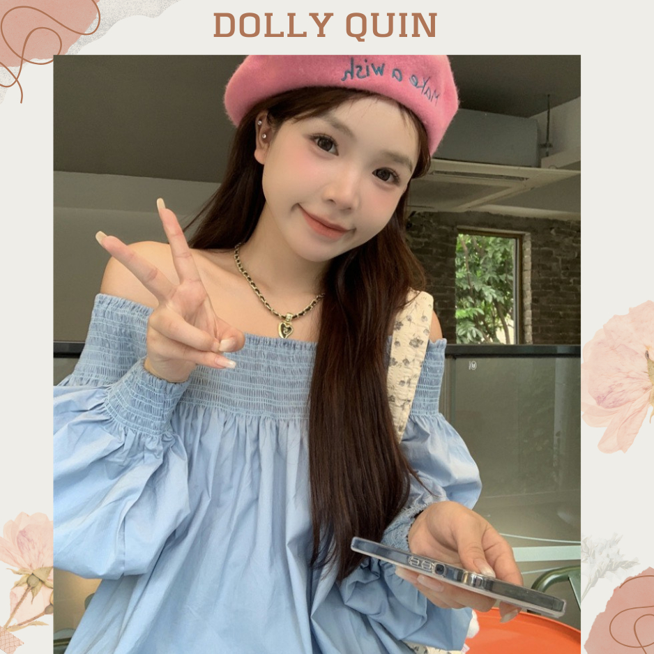 Váy babydoll trễ vai dài tay chun vai đầm tiểu thư trễ vai tay dài xanh da trời D007 thời trang thu đông Dolly Quin