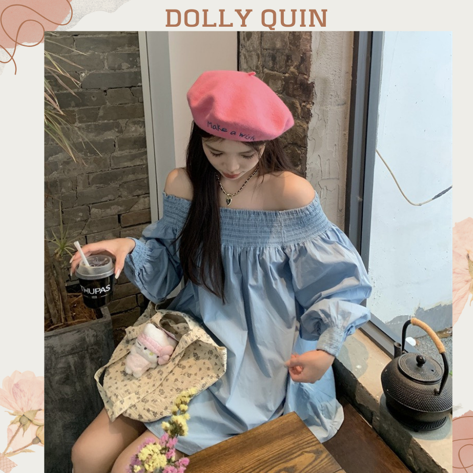Váy babydoll trễ vai dài tay chun vai đầm tiểu thư trễ vai tay dài xanh da trời D007 thời trang thu đông Dolly Quin