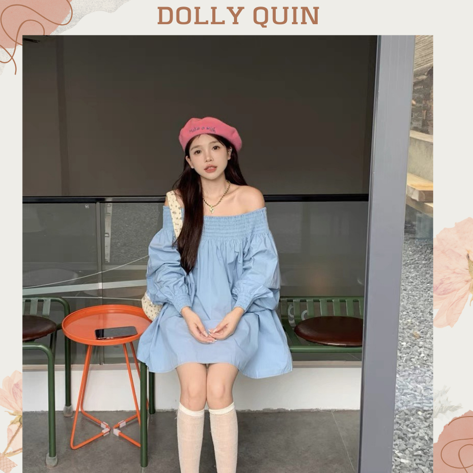 Váy babydoll trễ vai dài tay chun vai đầm tiểu thư trễ vai tay dài xanh da trời D007 thời trang thu đông Dolly Quin