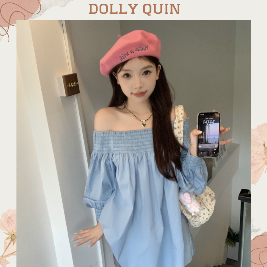 Váy babydoll trễ vai dài tay chun vai đầm tiểu thư trễ vai tay dài xanh da trời D007 thời trang thu đông Dolly Quin