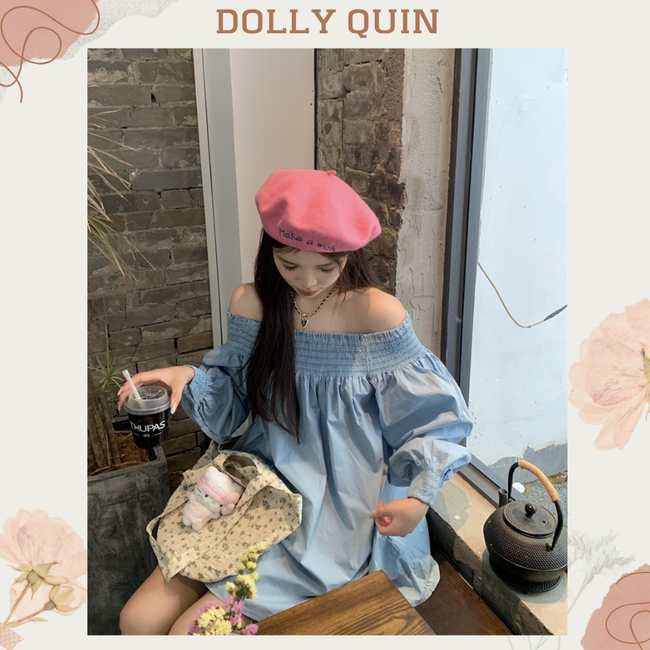 Váy babydoll trễ vai dài tay chun vai đầm tiểu thư trễ vai tay dài xanh da trời D007 thời trang thu đông Dolly Quin