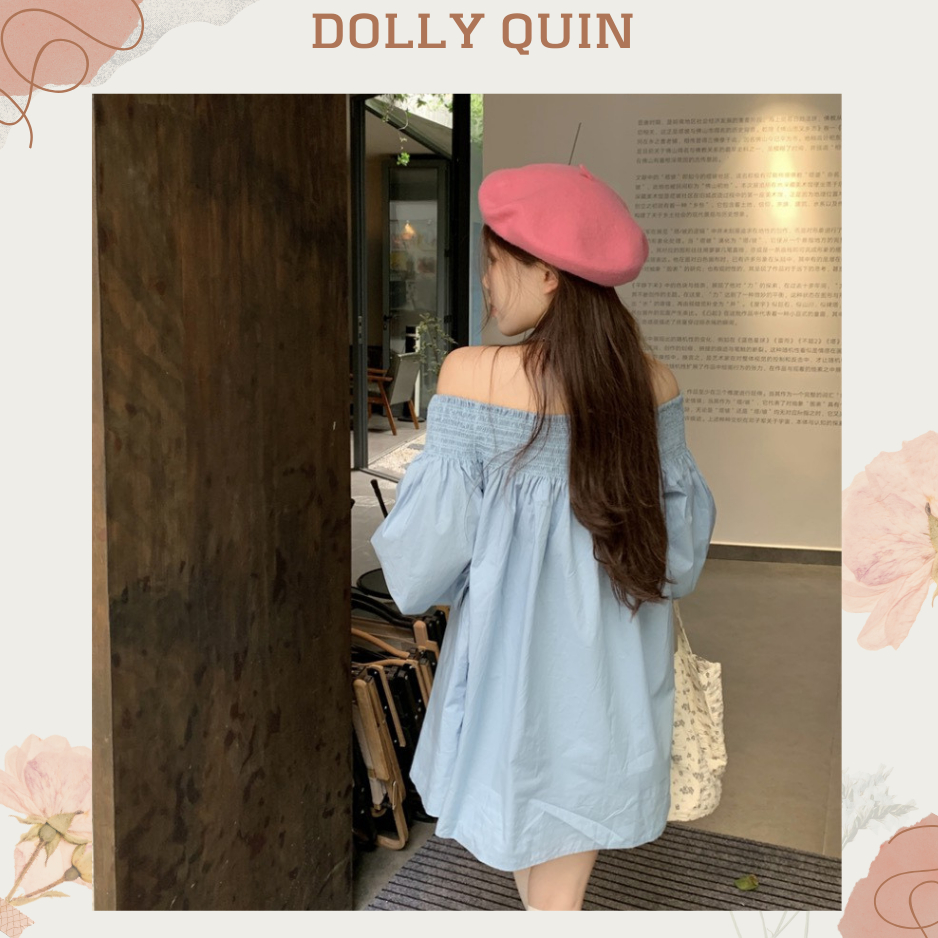 Váy babydoll trễ vai dài tay chun vai đầm tiểu thư trễ vai tay dài xanh da trời D007 thời trang thu đông Dolly Quin
