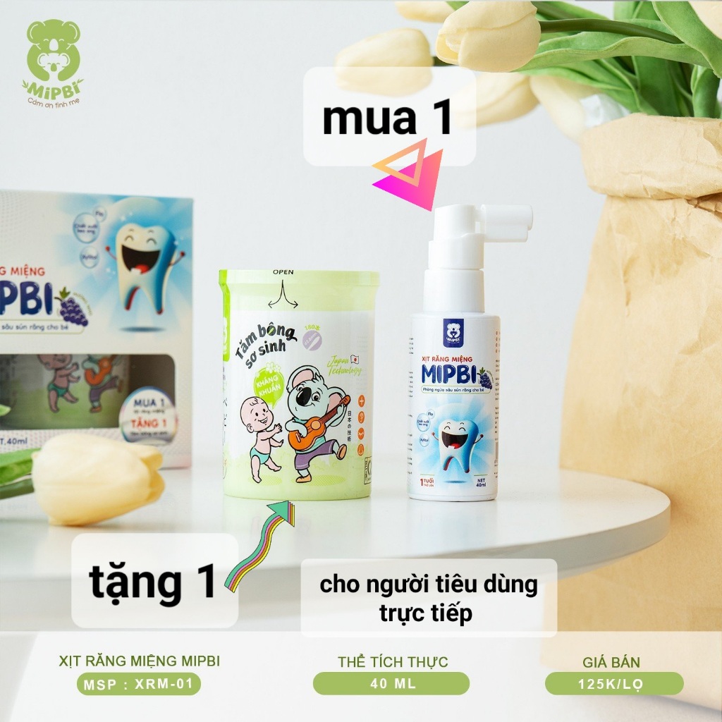 Xịt chống sâu răng Mipbi 40ml cho bé từ 1 tuổi, nuốt an toàn giúp làm sạch, bảo vệ men răng, ngăn ngừa mảng bám