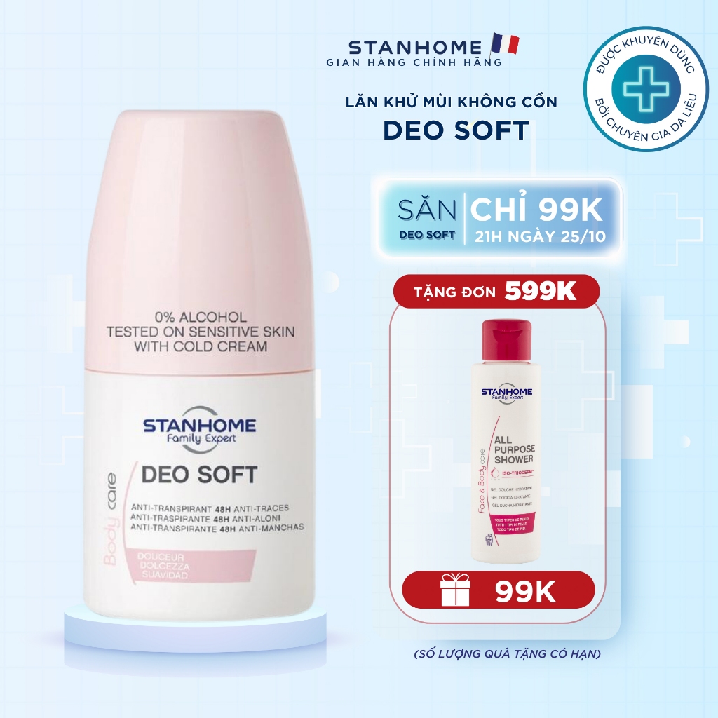 Lăn Khử Mùi Nam Nữ Ngăn Mồ Hôi Nách Không Cồn STANHOME Deo Soft Hương Trung Tính Dành Cho Da Nhạy Cảm 50ML