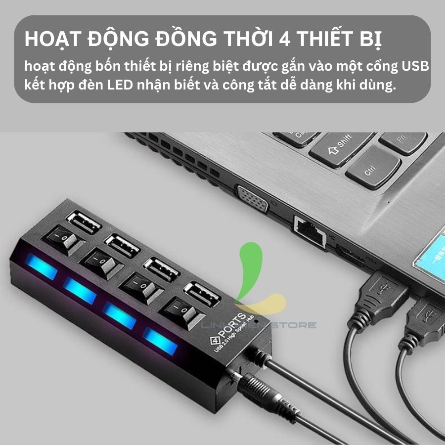 Bộ chia USB HOSAN 4 cổng USB 2.0 có công tắc thiết kế nhỏ gọn tốc độ cao có đèn led hỗ trợ máy tính, PC