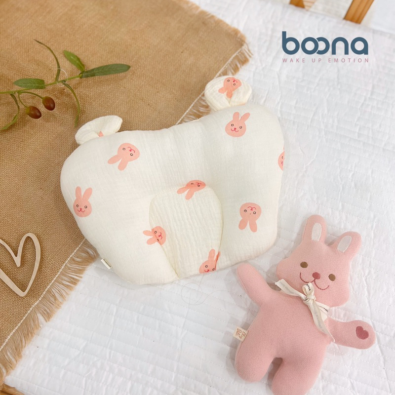 Gối xô sơ sinh cho bé Boona hình tim tai gấu vải Muslin cao cấp chống méo đầu, êm ái, thoải mái cho bé nằm