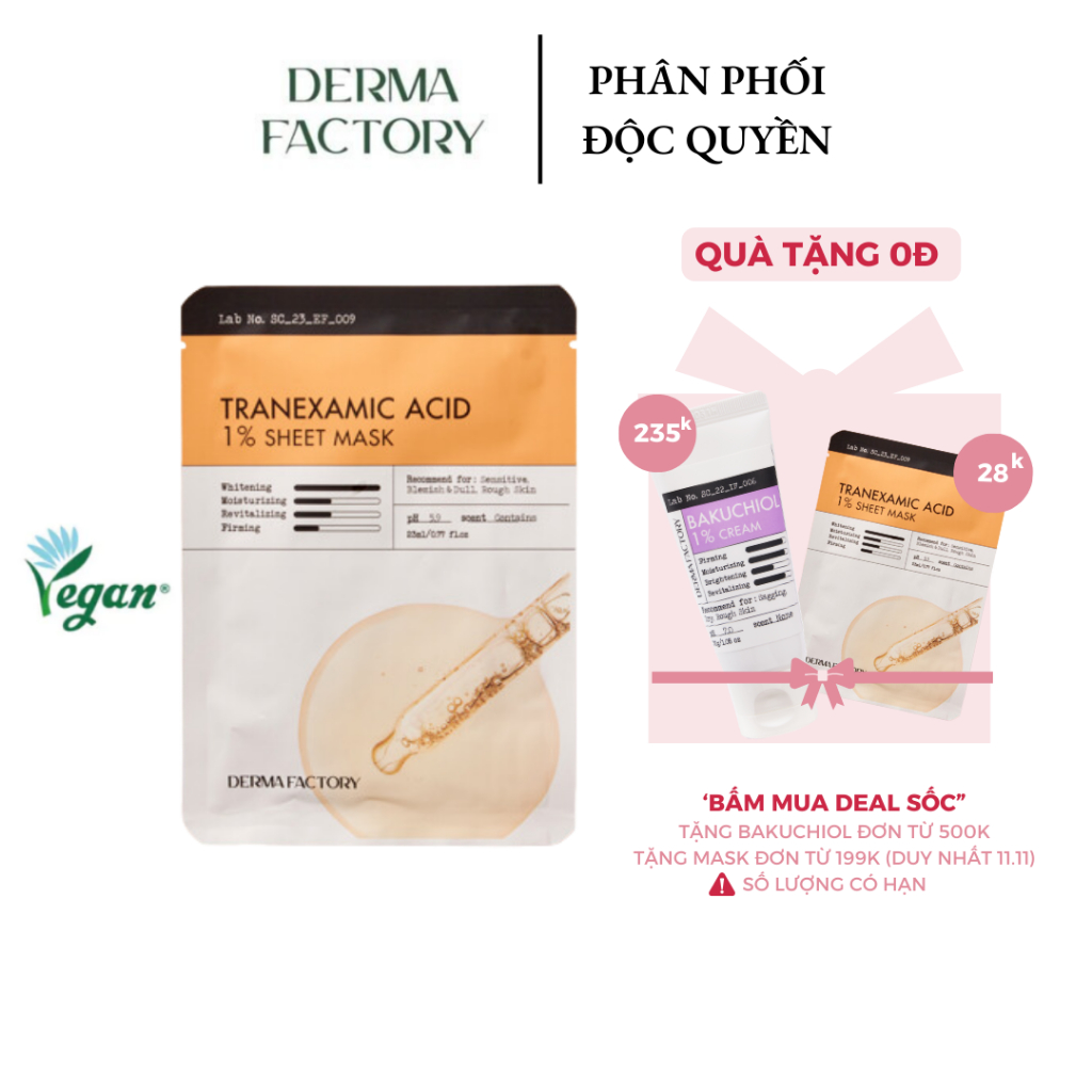 Mặt nạ dưỡng trắng da Derma Factory Tranexamic Acid 1% sheet mask 23ml