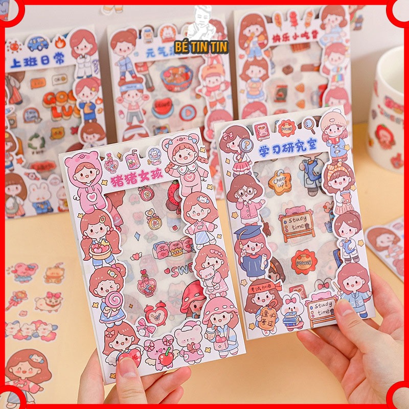 Vỉ 4 miếng sticker hình Cô gái Miếng Dán Cốc Nước Điện Thoại Di Động Trang Trí Hoạt Hình Sổ Tay DIY