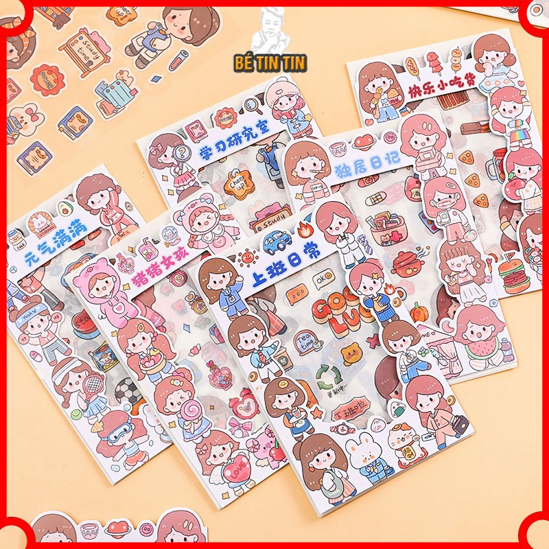 Vỉ 4 miếng sticker hình Cô gái Miếng Dán Cốc Nước Điện Thoại Di Động Trang Trí Hoạt Hình Sổ Tay DIY