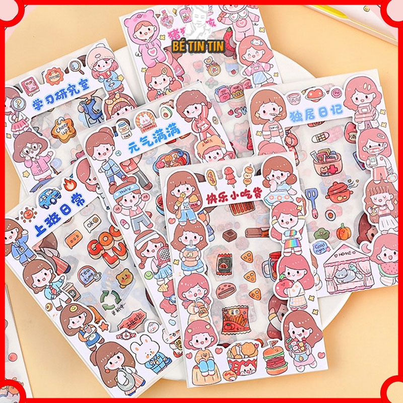 Vỉ 4 miếng sticker hình Cô gái Miếng Dán Cốc Nước Điện Thoại Di Động Trang Trí Hoạt Hình Sổ Tay DIY