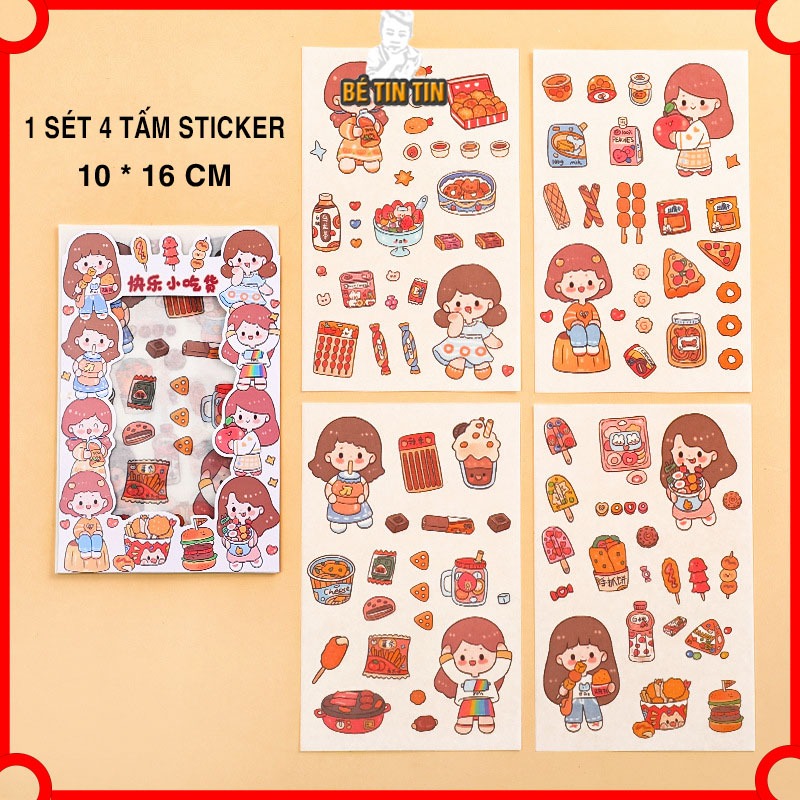 Vỉ 4 miếng sticker hình Cô gái Miếng Dán Cốc Nước Điện Thoại Di Động Trang Trí Hoạt Hình Sổ Tay DIY