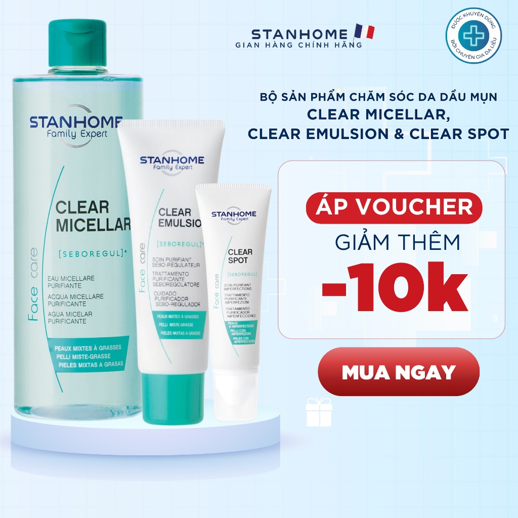 Bộ sản phẩm chăm sóc da dầu mụn toàn diện Stanhome clearmicellar 400ml & clear emulsion 40ml & clear spot 10ml