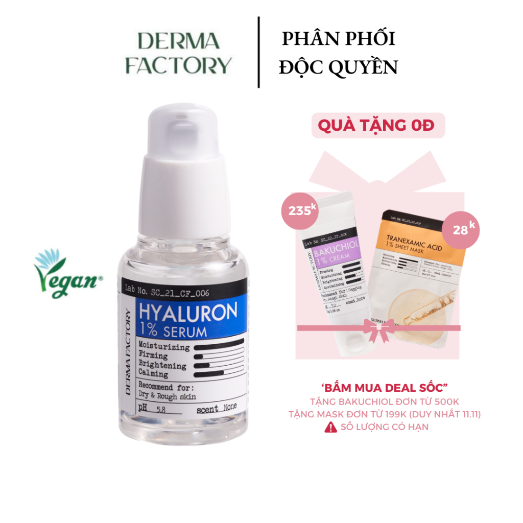 Tinh chất dưỡng ẩm Derma Factory Hyaluron 1% Serum 30ml