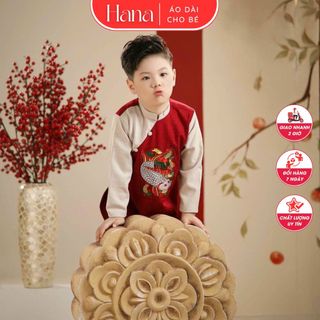 Áo dài bé trai chất vải nhung tăm thêu cá chép sắc nét tỉ mỉ - HANA Áo dài gia đình
