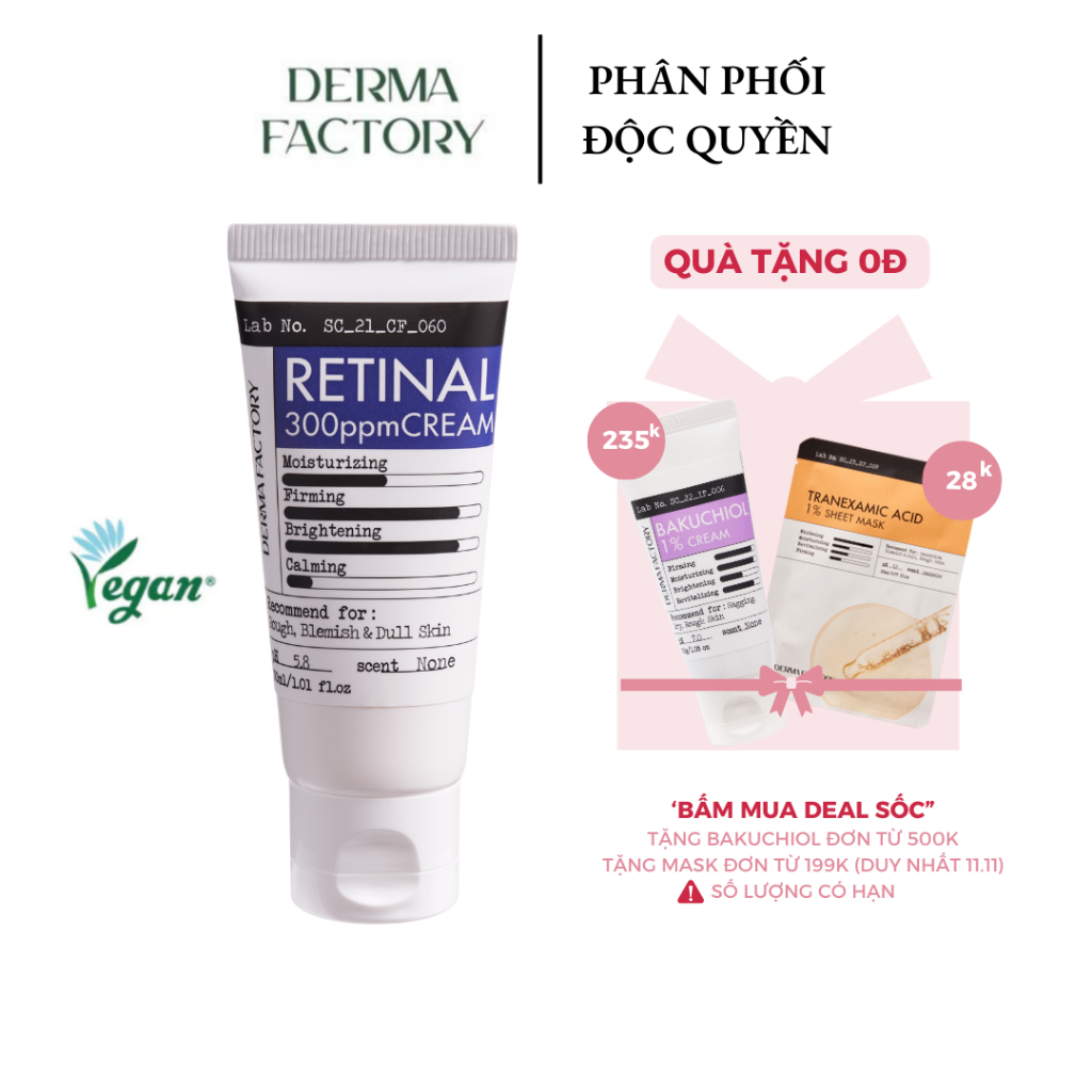 Kem dưỡng ban đêm chống lão hóa Derma Factory Retinal 300ppm Cream 30ml
