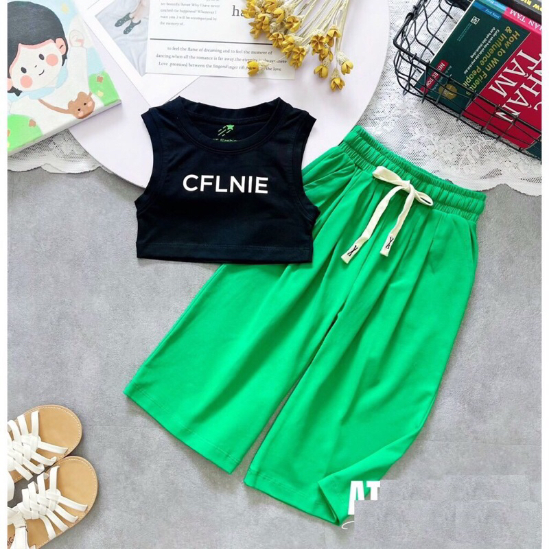 Set quần xuông dài áo croptop sát nách bé gái 10-40kg
