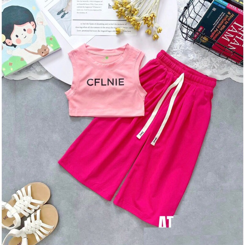 Set quần xuông dài áo croptop sát nách bé gái 10-40kg