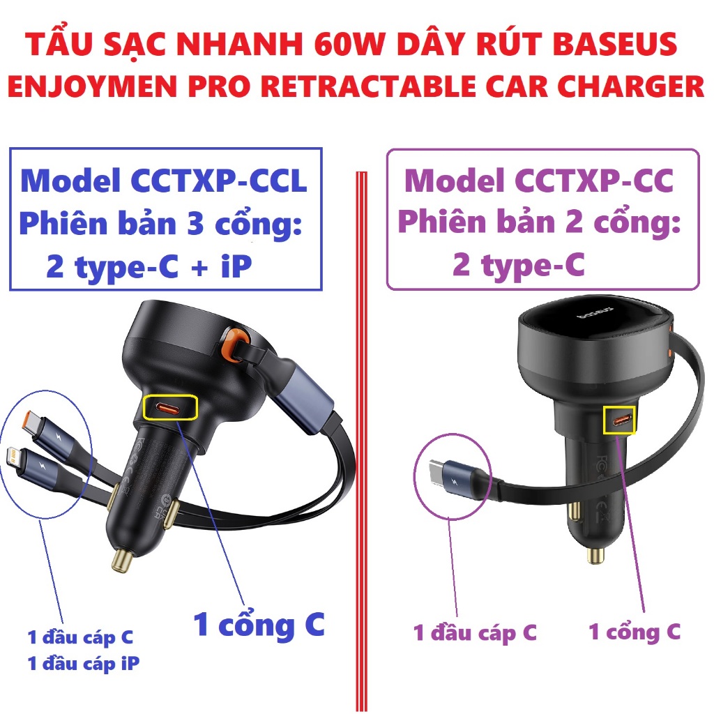 Tẩu sạc ô tô dây rút sạc nhanh 30W 3 cổng 2C+ iP Baseus Enjoyment PRO Retractable Car Charger CCTXP- CCL