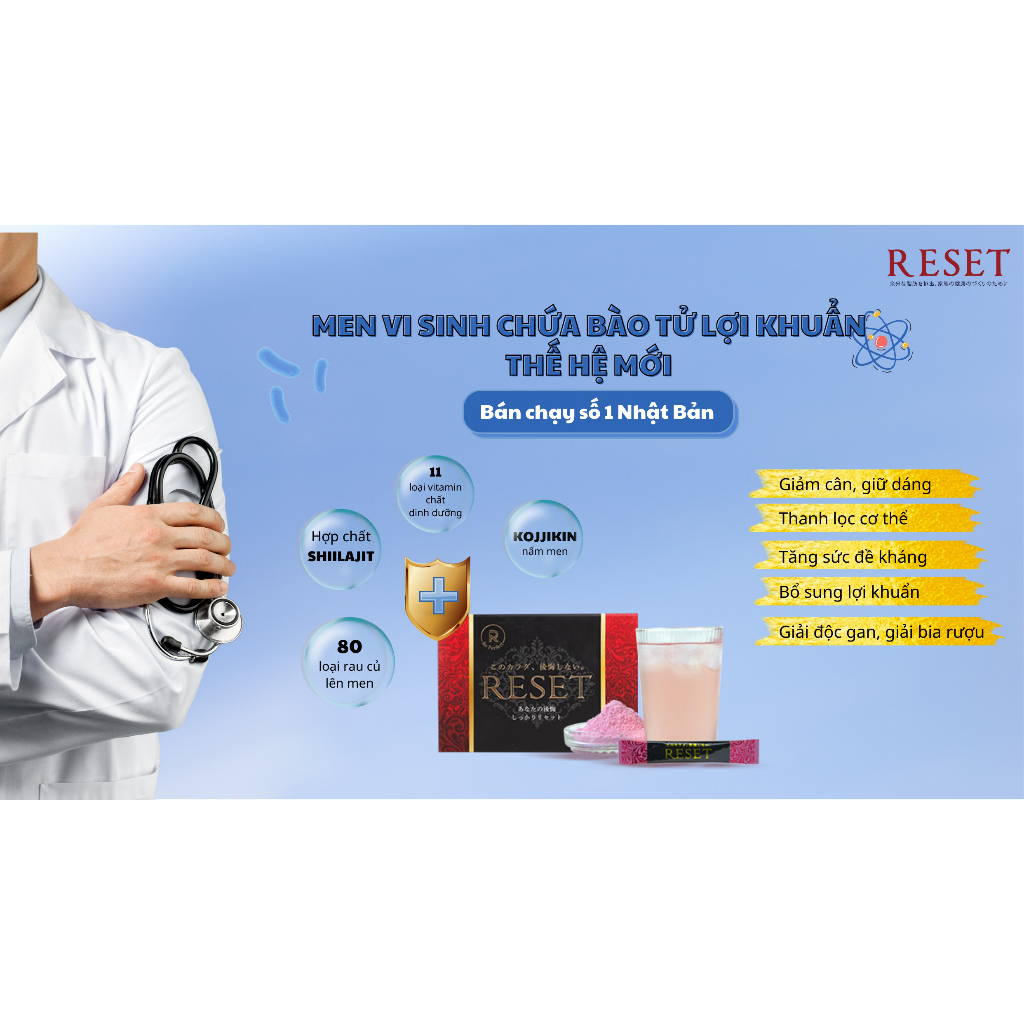 Bột Enzyme uống thanh lọc cơ thể, đào thải mỡ làm đẹp dáng, bột Enzyme RESET - Hộp 30 gói