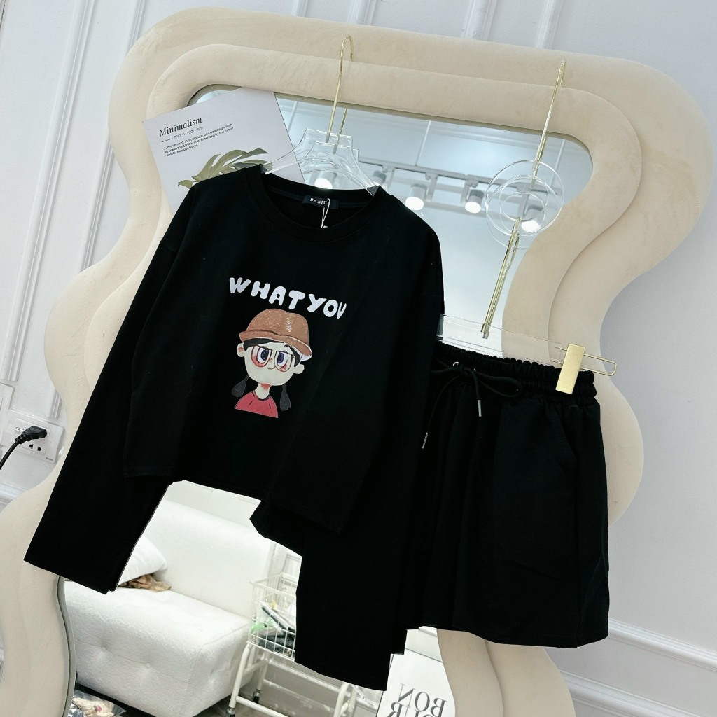 Set 2 Món Áo Thun Dáng Ngắn Tay Dài Form Rộng Họa Tiết Cute Mix Quần Socc Dáng Xòe Siêu Dễ thương Đi Chơi, Dạo Phố