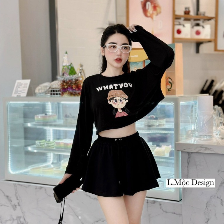 Set 2 Món Áo Thun Dáng Ngắn Tay Dài Form Rộng Họa Tiết Cute Mix Quần Socc Dáng Xòe Siêu Dễ thương Đi Chơi, Dạo Phố