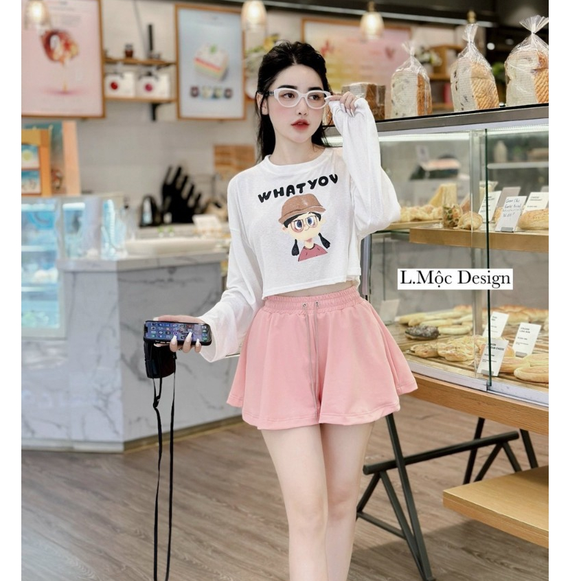 Set 2 Món Áo Thun Dáng Ngắn Tay Dài Form Rộng Họa Tiết Cute Mix Quần Socc Dáng Xòe Siêu Dễ thương Đi Chơi, Dạo Phố