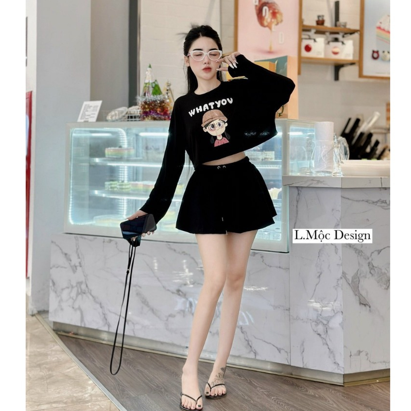 Set 2 Món Áo Thun Dáng Ngắn Tay Dài Form Rộng Họa Tiết Cute Mix Quần Socc Dáng Xòe Siêu Dễ thương Đi Chơi, Dạo Phố