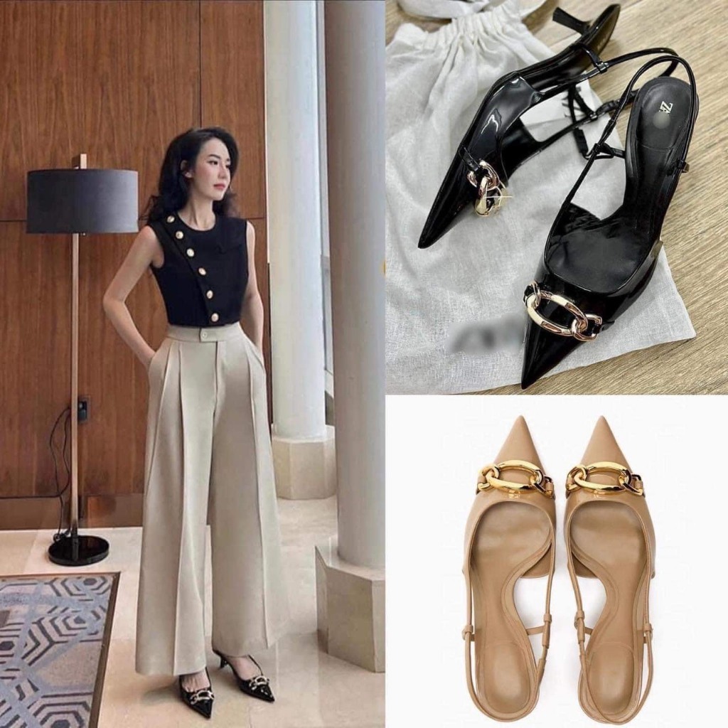 Giày guốc cao gót za.ra mũi nhọn mặt xích vàng gót nhọn cao gót da bóng slingback Ailee [8092-1]