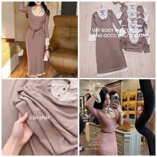 Váy body len tăm nâu cổ tay be dáng dài
