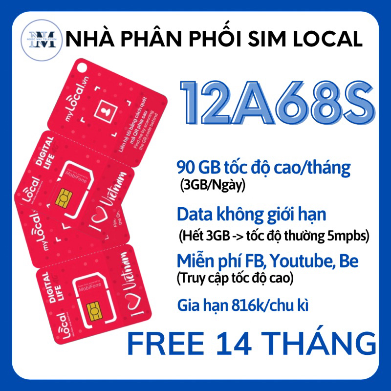 Sim 4G Mobifone Local 6A68 - 12A68S xài 1 năm, Data không giới hạn