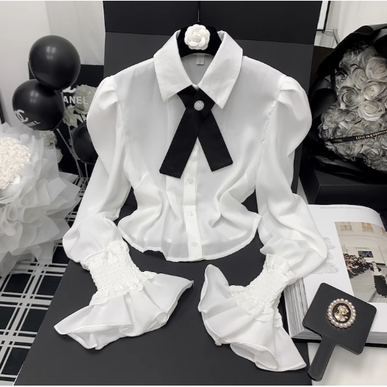 Áo sơ mi nữ phối chun tay form ngắn thời trang mix tang nơ đá KEMIE SHOP