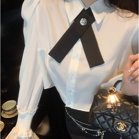 Áo sơ mi nữ phối chun tay form ngắn thời trang mix tang nơ đá KEMIE SHOP