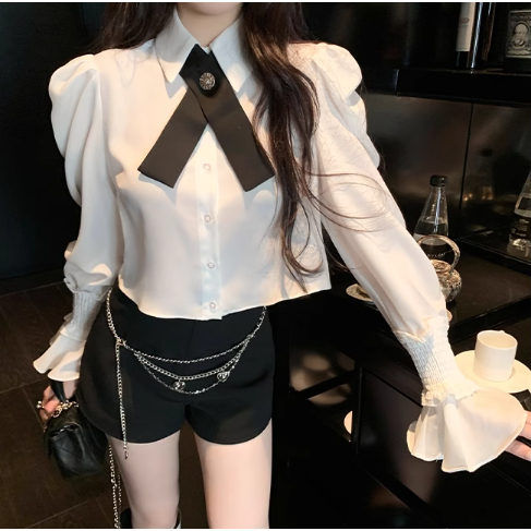 Áo sơ mi nữ phối chun tay form ngắn thời trang mix tang nơ đá KEMIE SHOP